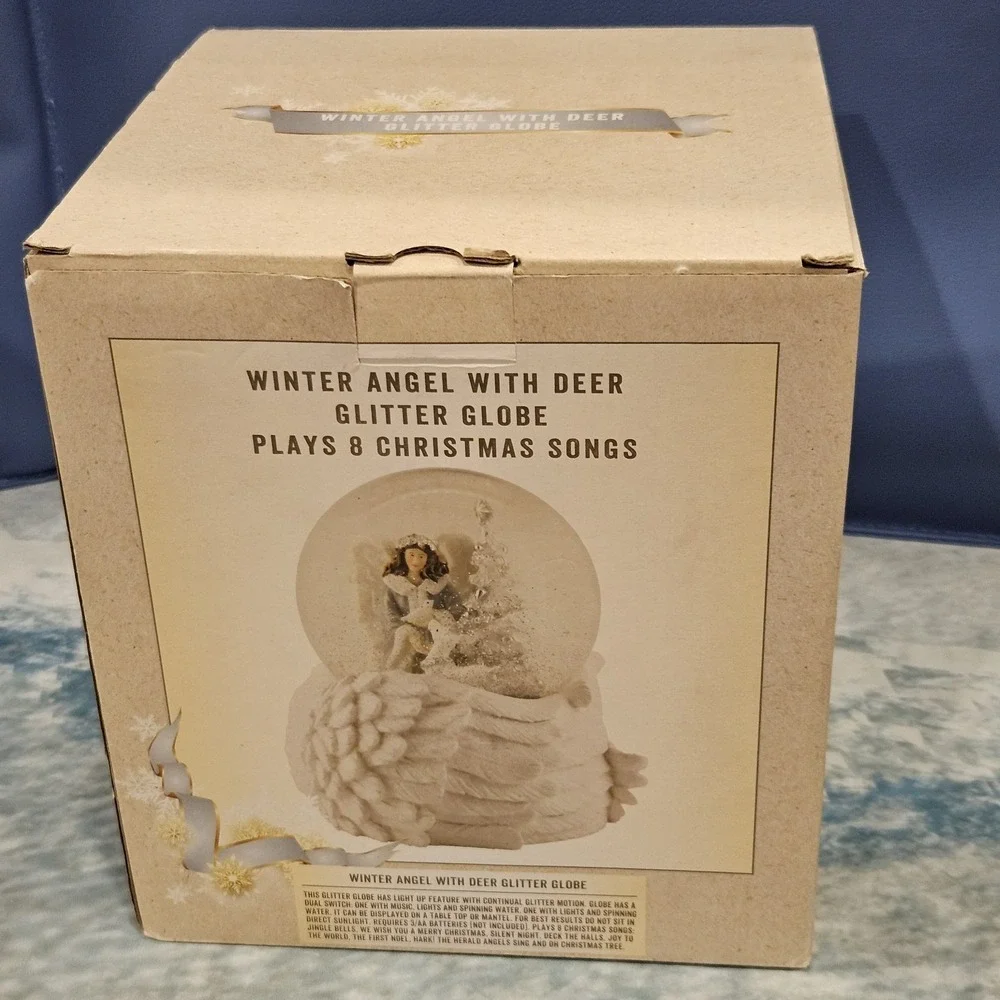 Winter Angel With Deer Glitter Globe Plays 8 Christmas Songs Holiday Decor NOS‎
